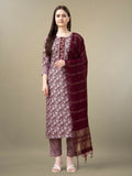 Maroon rayon straight kurta set with sequence embroidery and matching trousers.