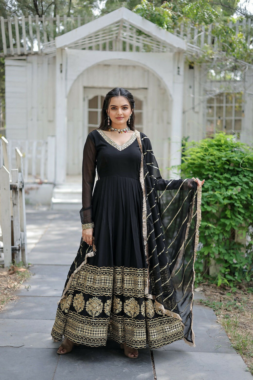 Black georgette kurta set with sequence embroidery detail