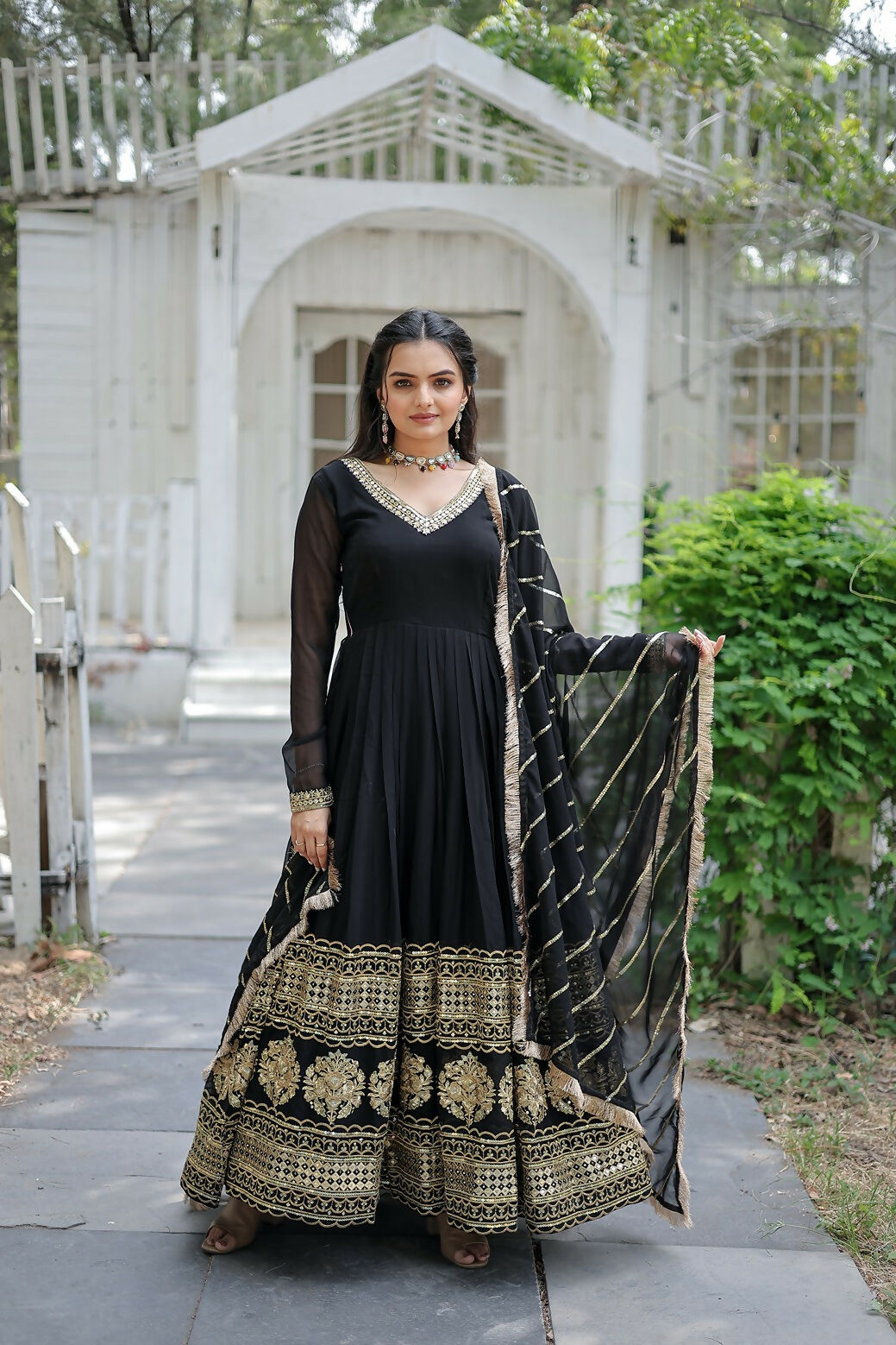 Black georgette kurta set with sequence embroidery detail