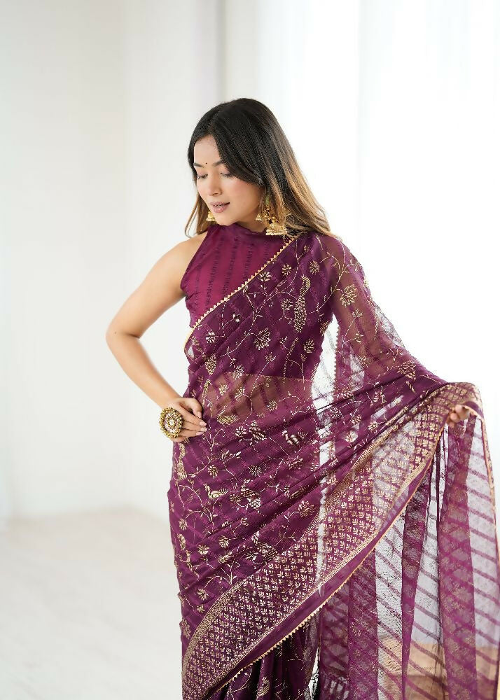 Wine Georgette Saree with Foil Work and Zalar Lace