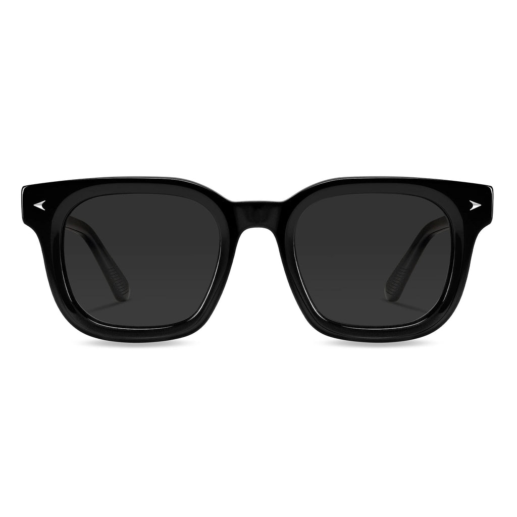 The Hudson sunglasses in Jet Black featuring beveled edges and a sleek rectangular frame silhouette.