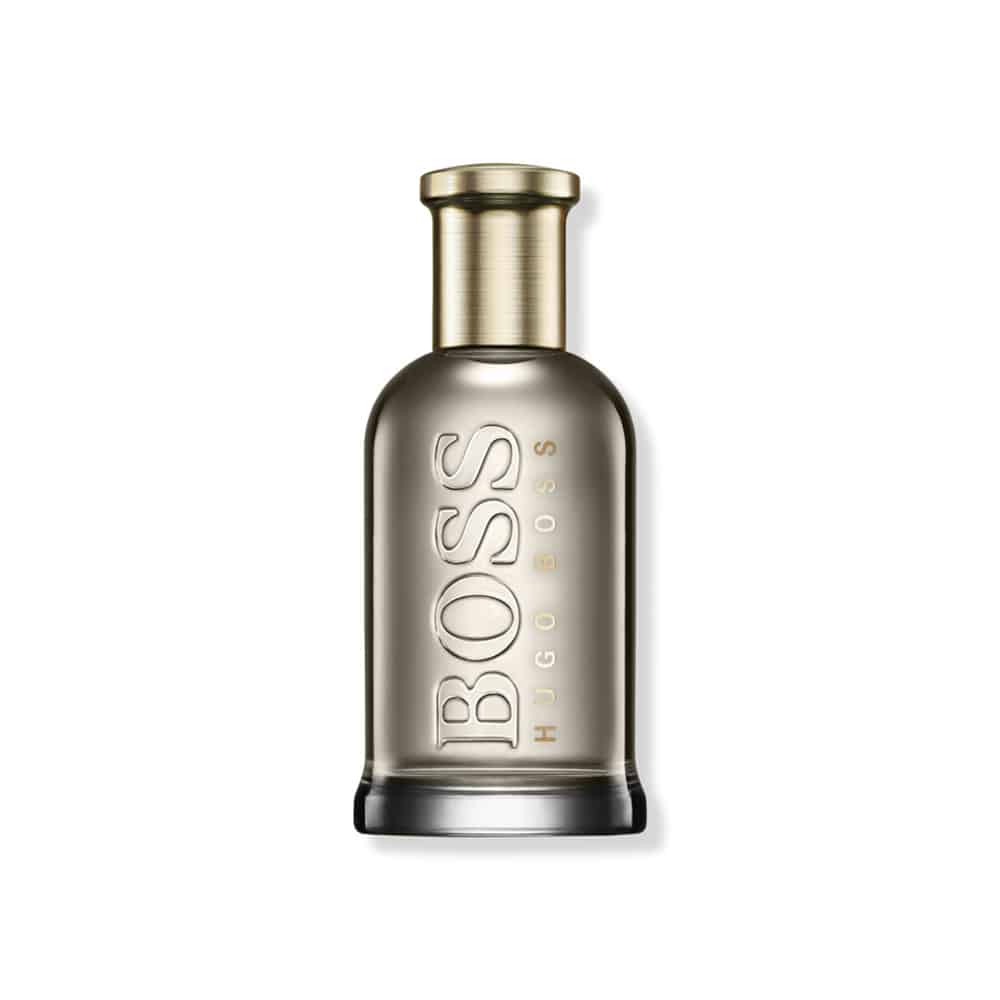 Elegant BOSS Bottled Eau de Parfum bottle in grey and gold packaging