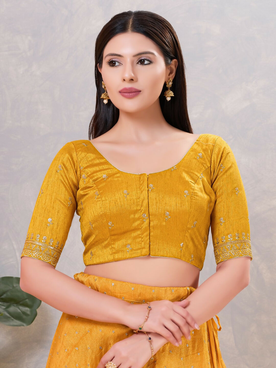 Mustard yellow silk stitched blouse with round neck, front view