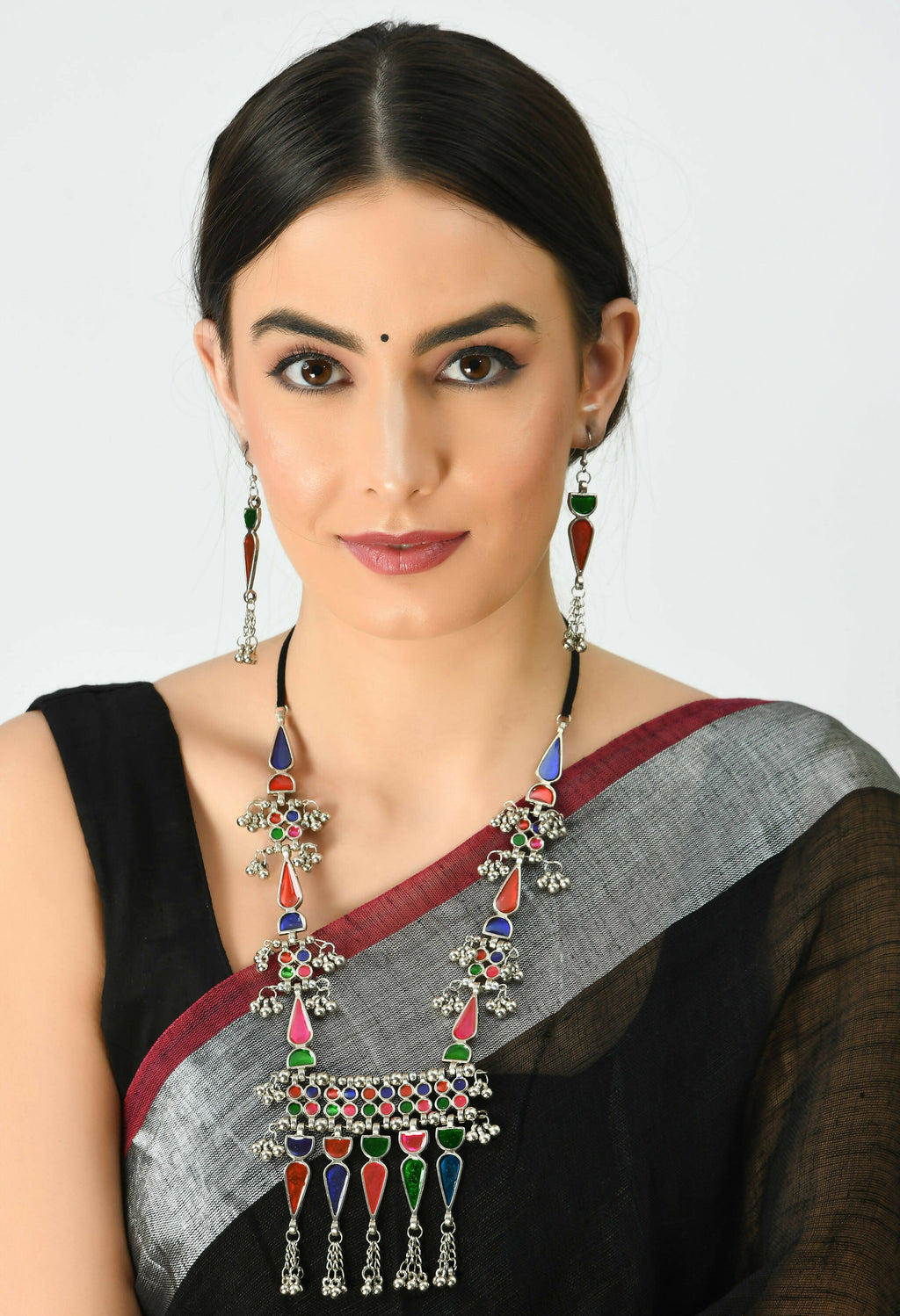 Oxidised Silver-Plated Multi-Color Meenakari Long Necklace