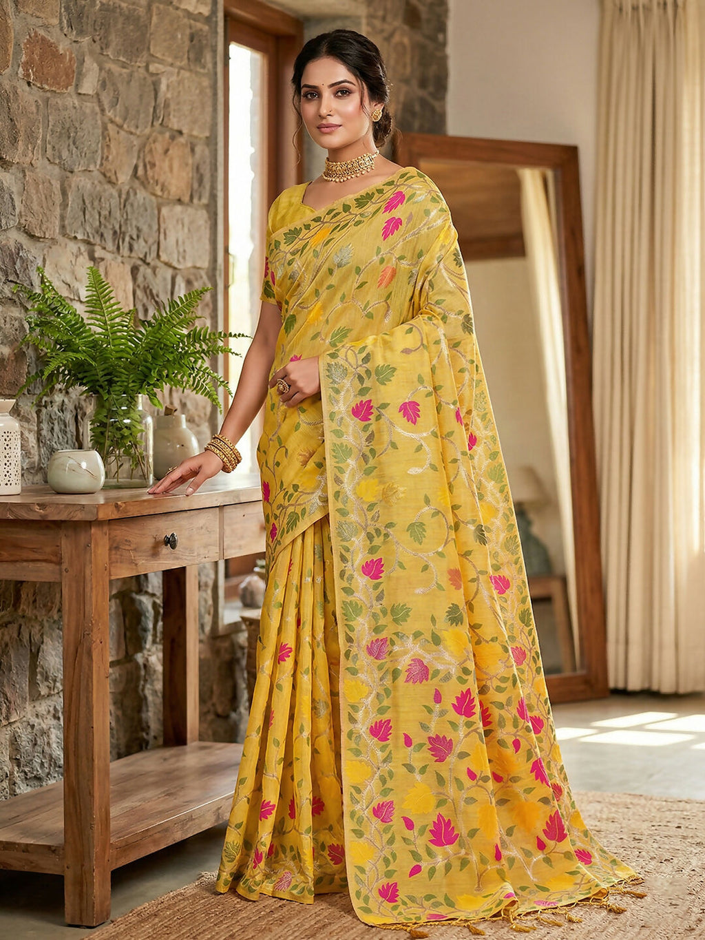 Yellow Linen Cotton Saree with Matching Blouse Piece