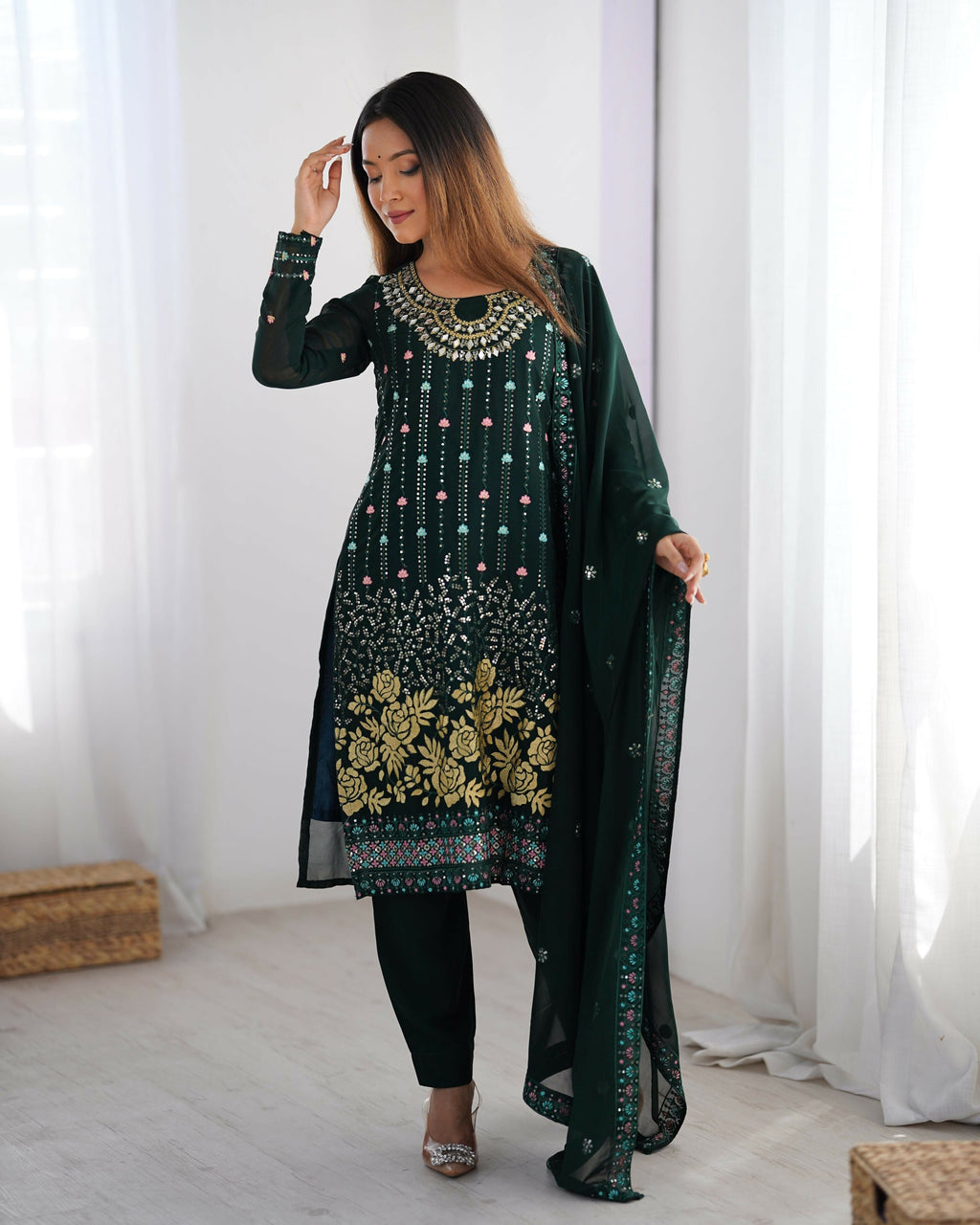 Joban Fashion Dark Green Kurta set with Pant Georgette Thread with Sequins work