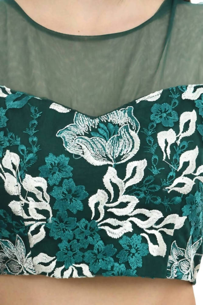 Bottle Green & White Thread Embroidered Ruffled Ready To Wear Saree