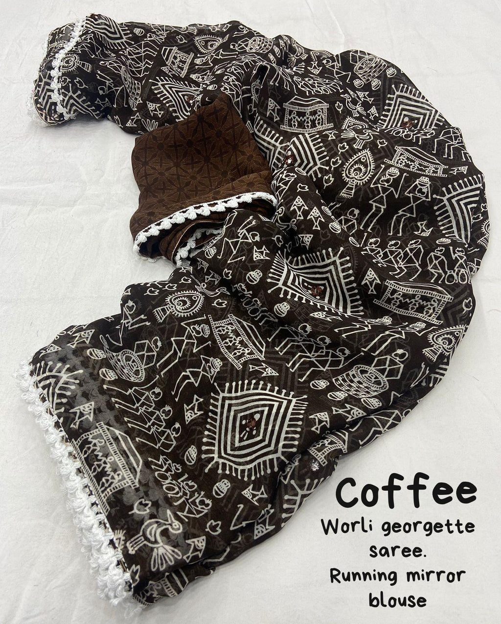 Coffee Poly Georgette Saree with Aari Mirror Work