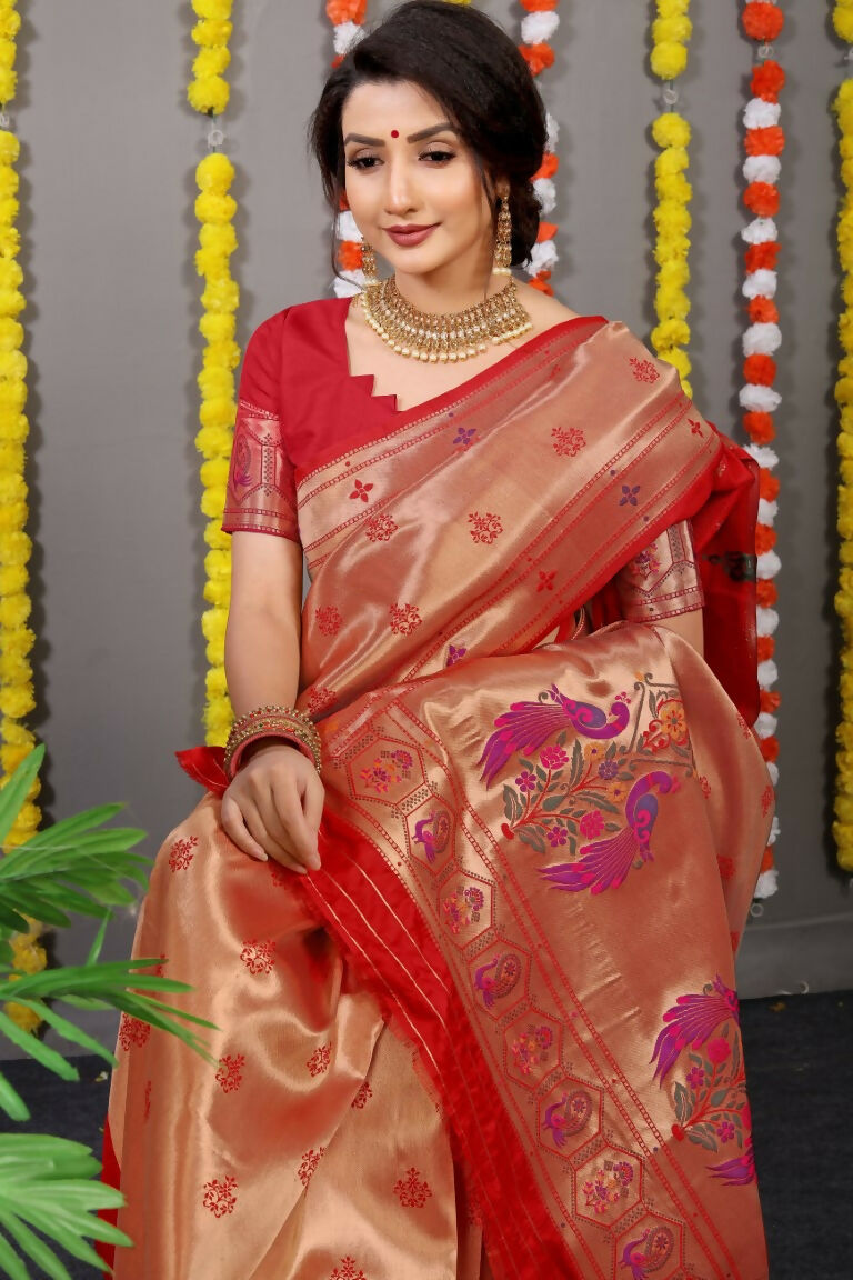 Red Paithani Silk Zari Woven Saree with Matching Blouse