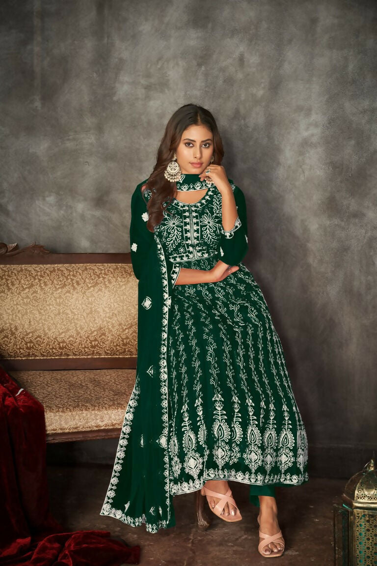 Green Net Embroidered Anarkali Kurta Pant Set with Dupatta