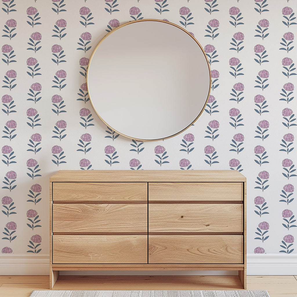 Harriet Floral Wallpaper in White and Blue Cottagecore Style
