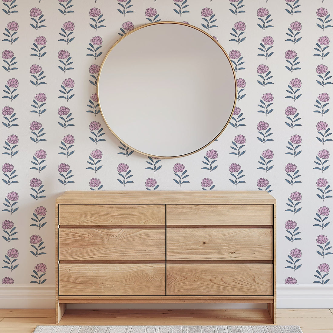 Harriet Floral Wallpaper in White and Blue Cottagecore Style