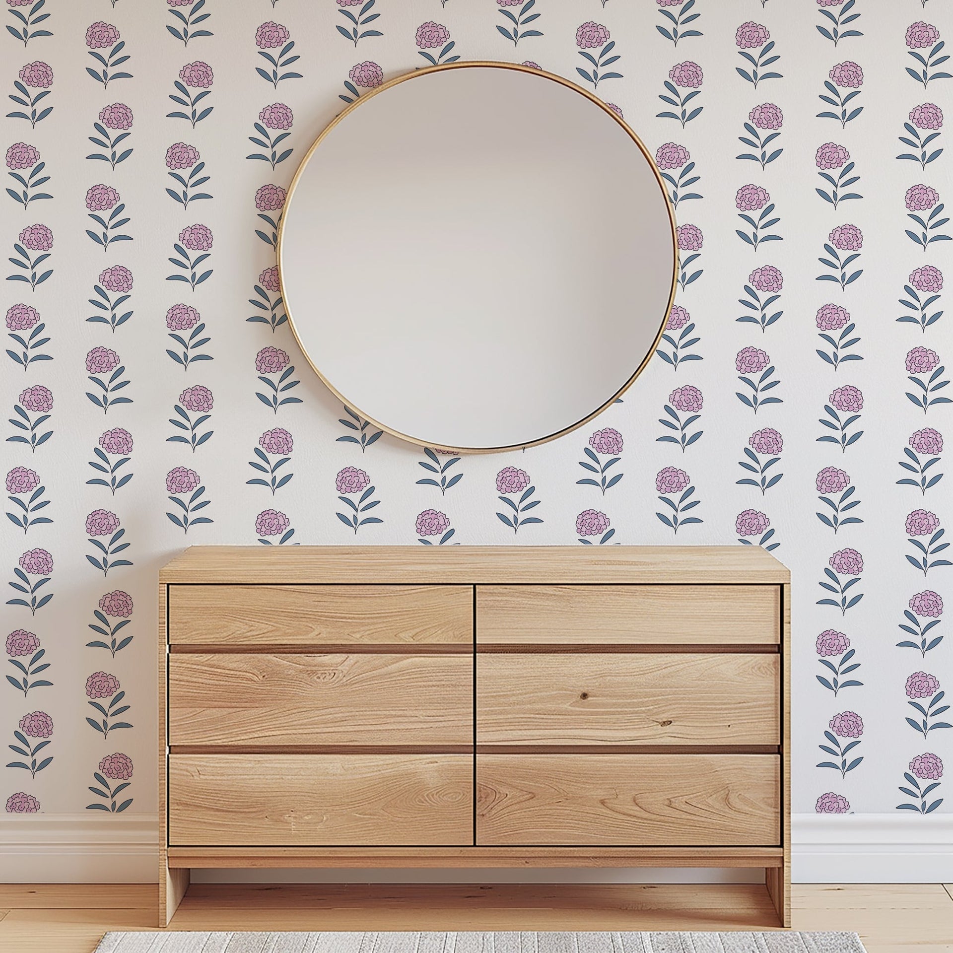 Harriet Floral Wallpaper in White and Blue Cottagecore Style