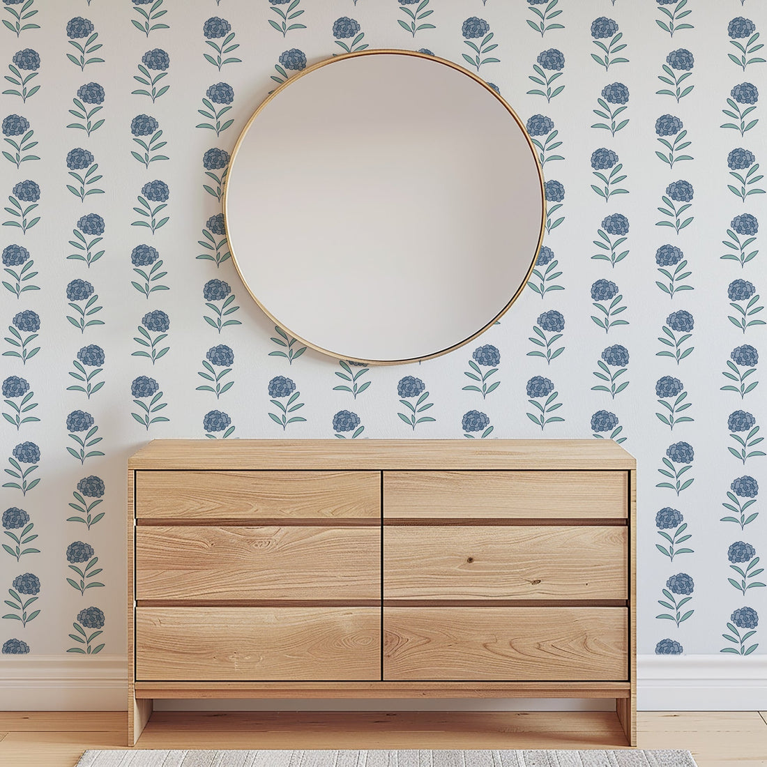 Harriet Floral Wallpaper in White and Blue Cottagecore Style