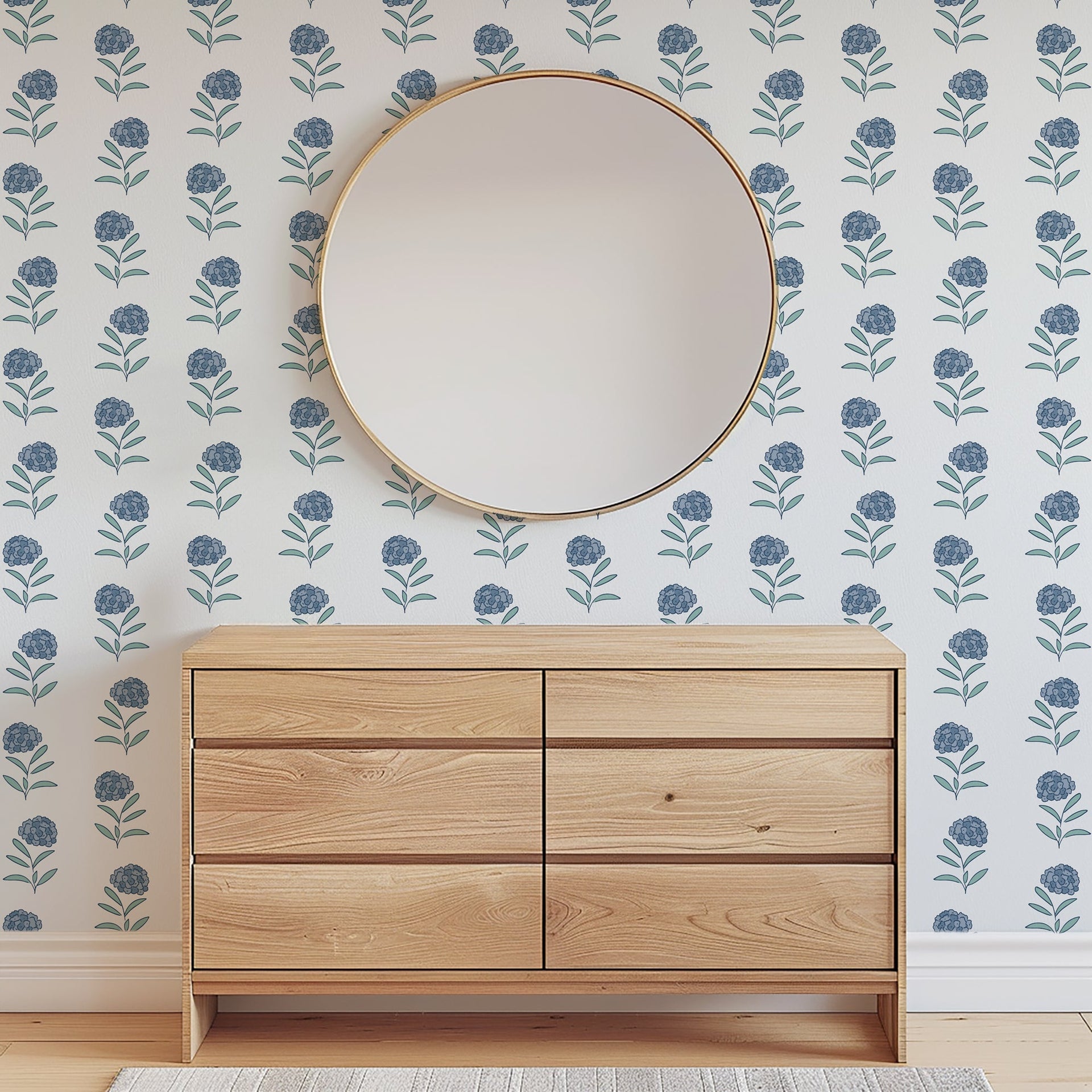 Harriet Floral Wallpaper in White and Blue Cottagecore Style