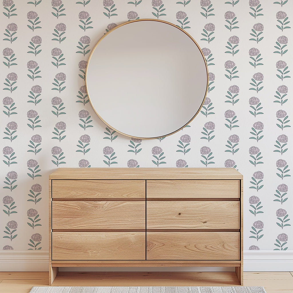 Harriet Floral Wallpaper in White and Blue Cottagecore Style