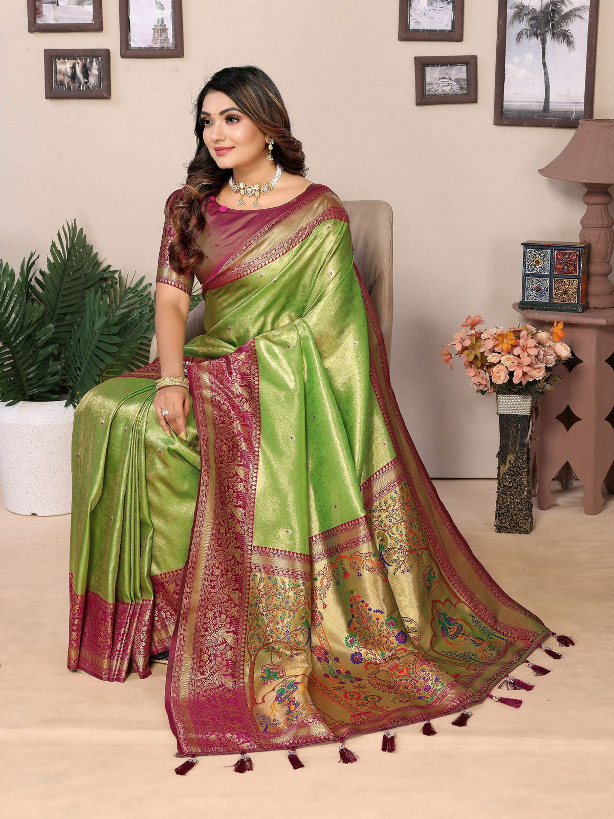 Pista Tissue Silk Weaving Saree with Maroon Blouse - Ethnic Elegance