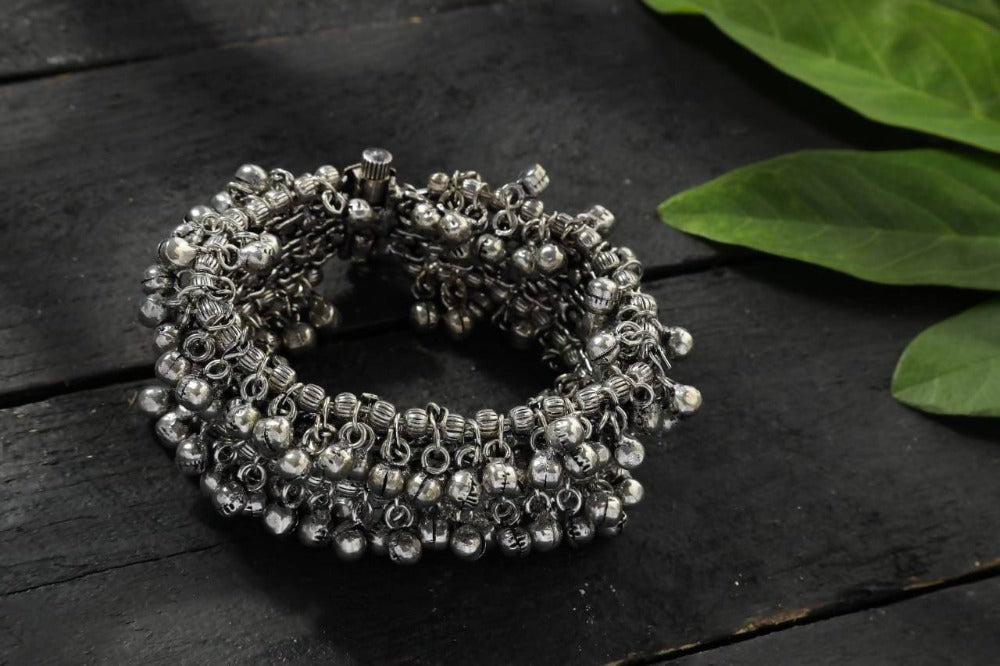 Oxidised Silver-Plated Openable Bracelet with Ghungroo Details