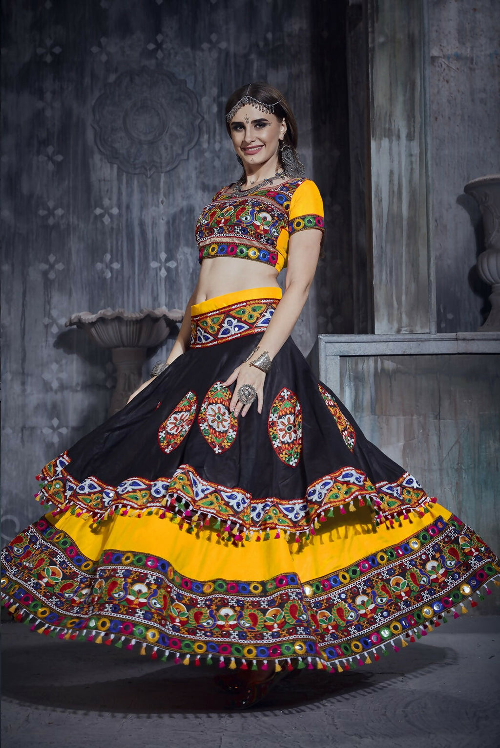 Black and Yellow Art Silk Designer Lehenga Choli for Navratri