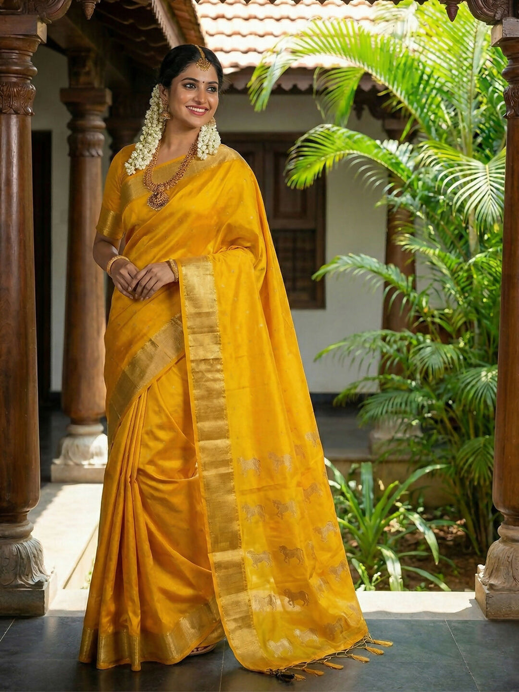 Gold soft silk saree with a luxurious sheen for festive wear