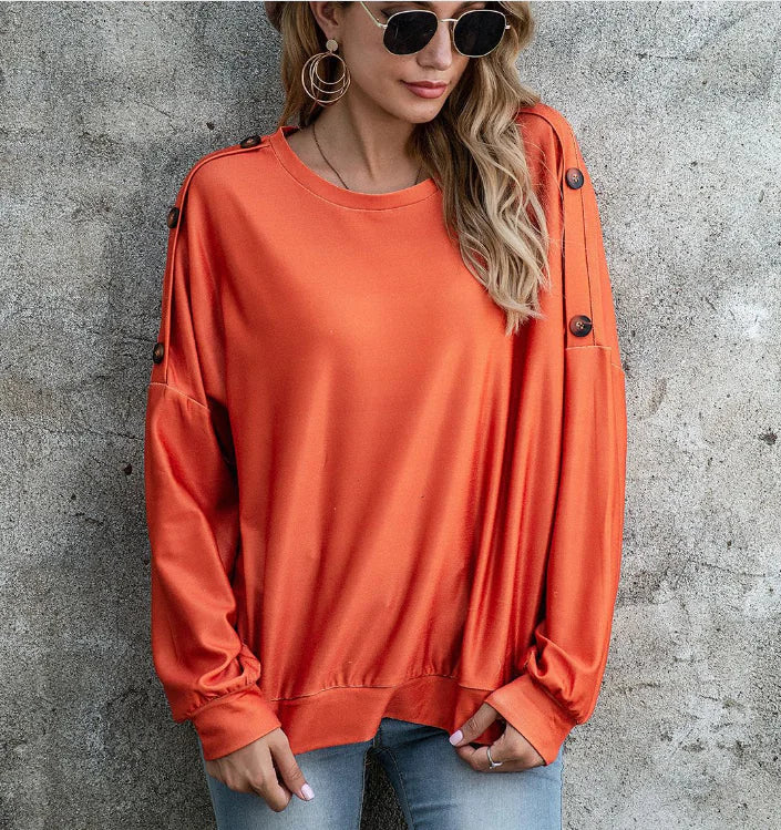 Women's Long Sleeve Button Detail Pullover Top in Bright Orange - Image 5