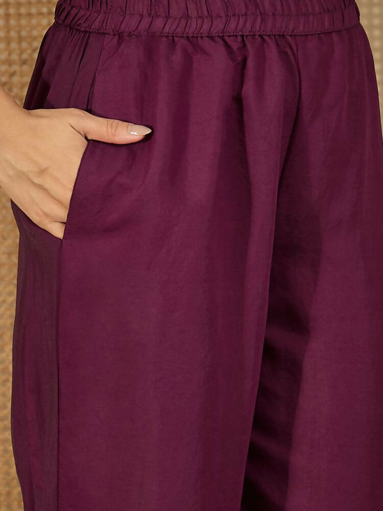 Purple Roman Silk Embroidered Kurta Set with Shirt Collar