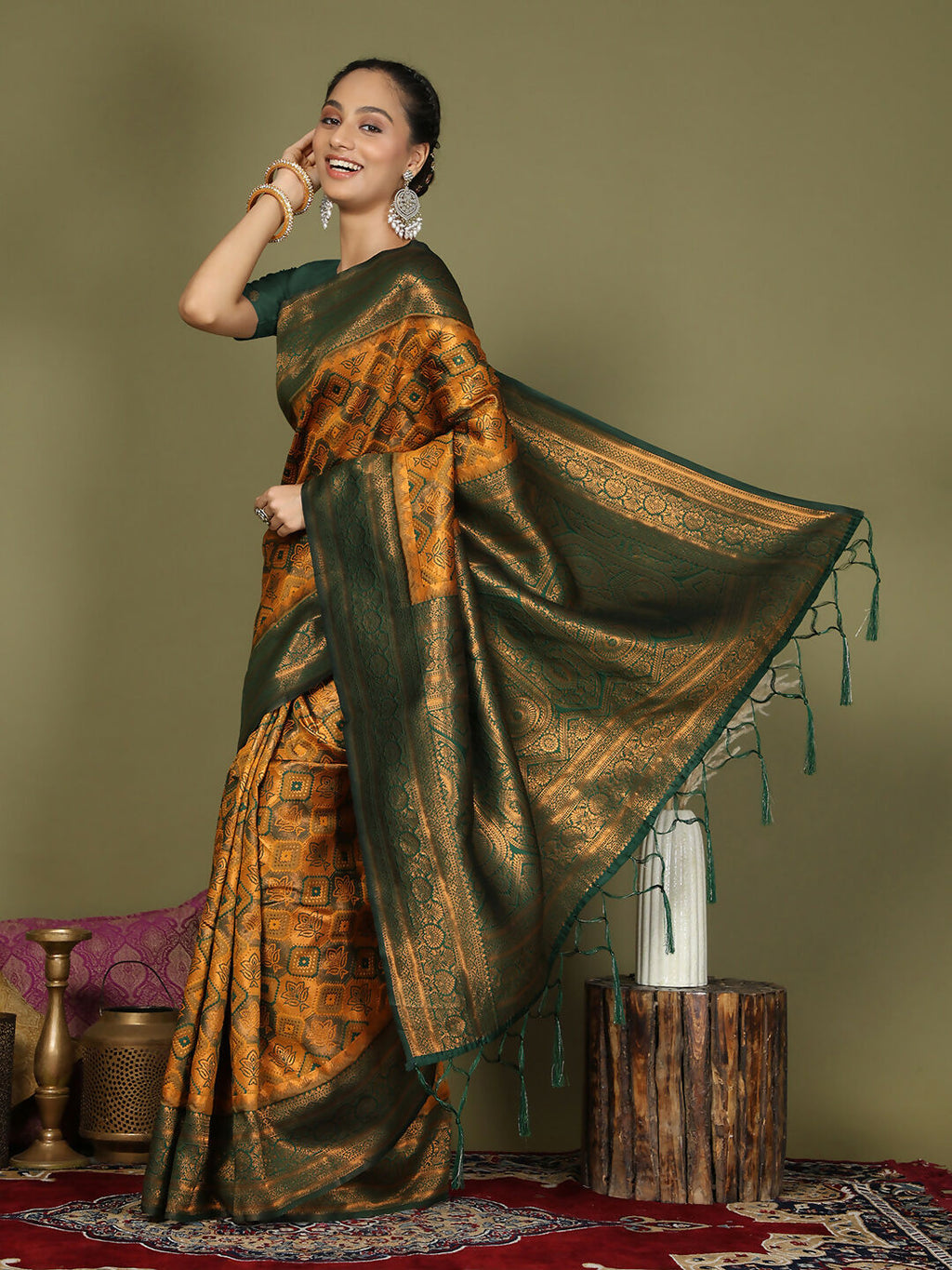 Yellow Lichi Silk Saree with Green Blouse