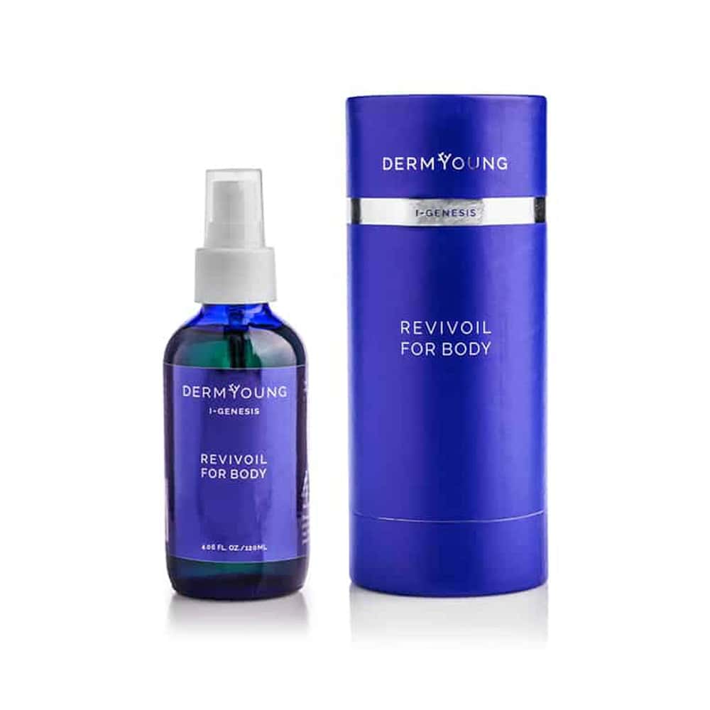 DermYoung I-GENESIS RevivOil body oil in a blue 4 oz bottle.
