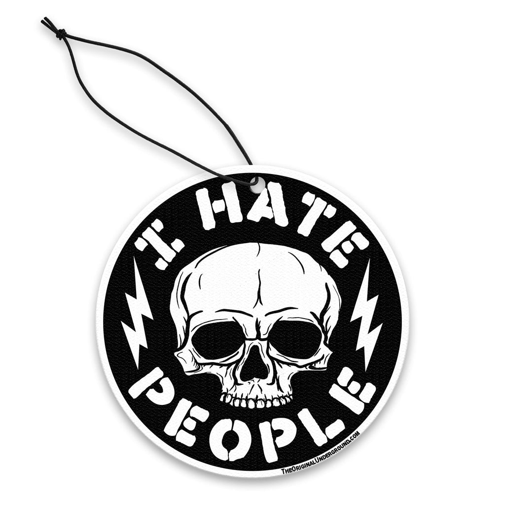 I Hate People air freshener hanging in a car, featuring a bold and humorous design for the daily commute.