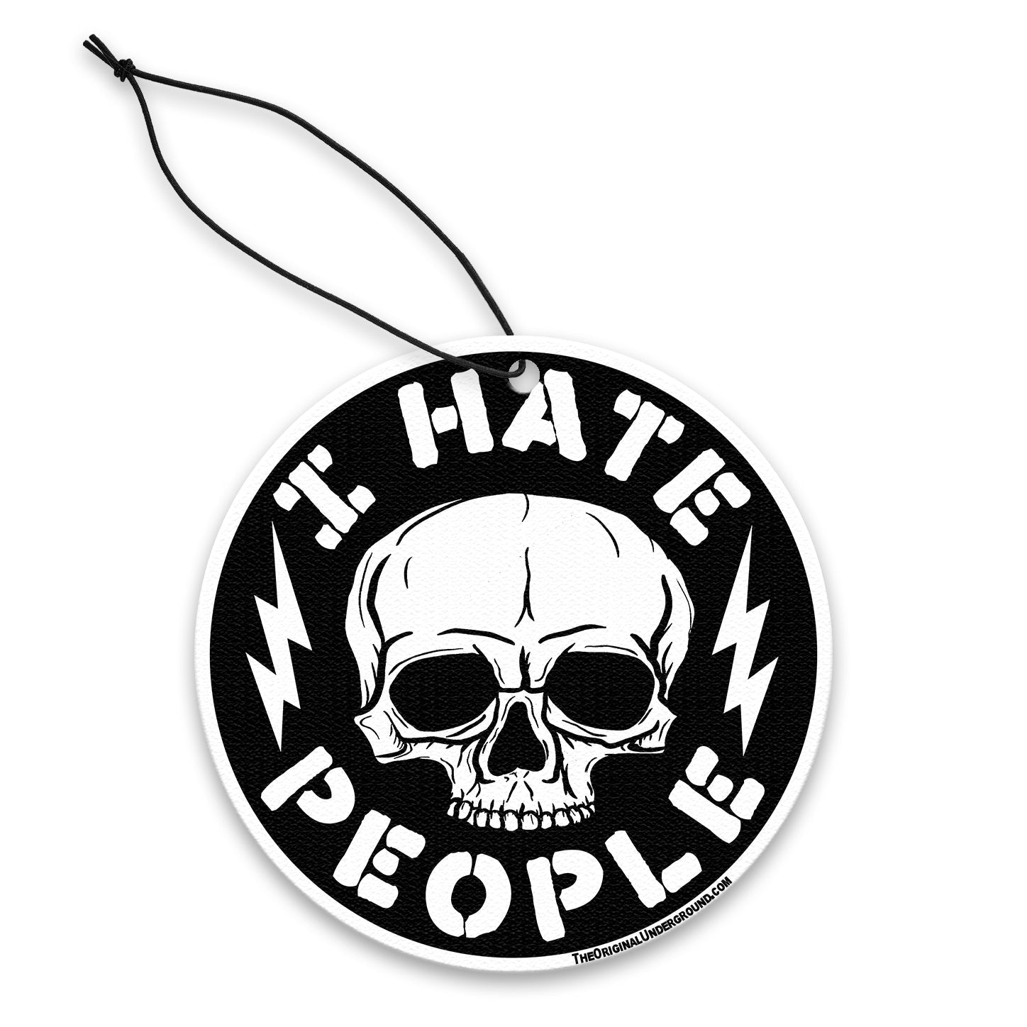 I Hate People air freshener hanging in a car, featuring a bold and humorous design for the daily commute.