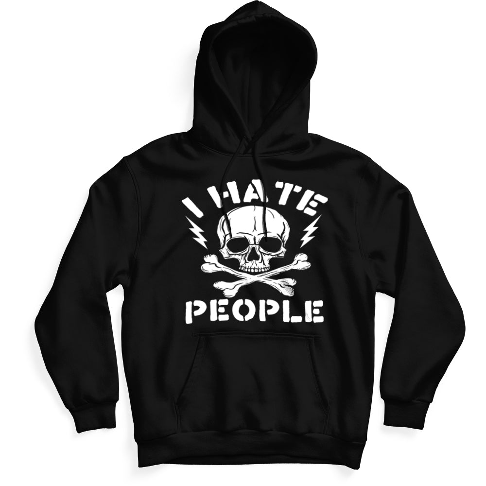 Close up of the I Hate People Hoodie featuring a bold, high-contrast graphic on premium fleece material.