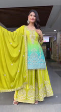 Parrot green Chinon silk sharara suit with printed pattern and sequins