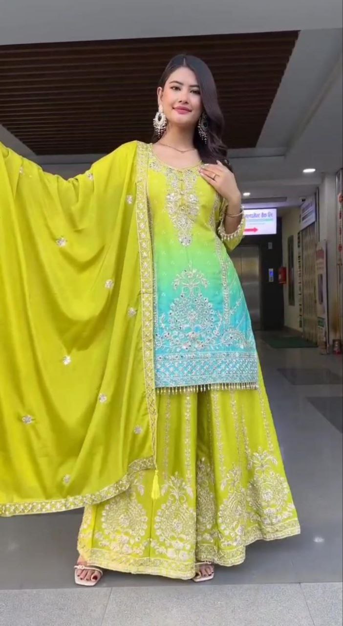 Parrot green Chinon silk sharara suit with printed pattern and sequins