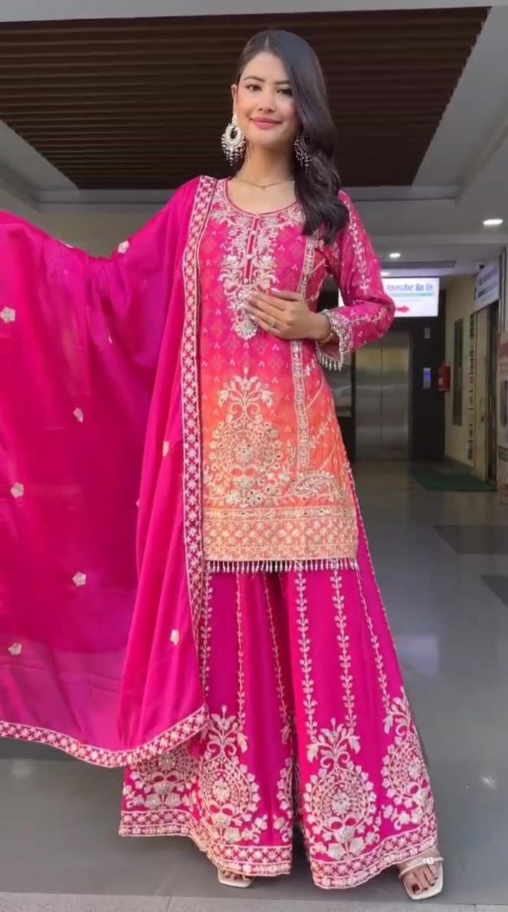 Prazu Fashion Pink Chinon Silk Embroidered Sharara Suit