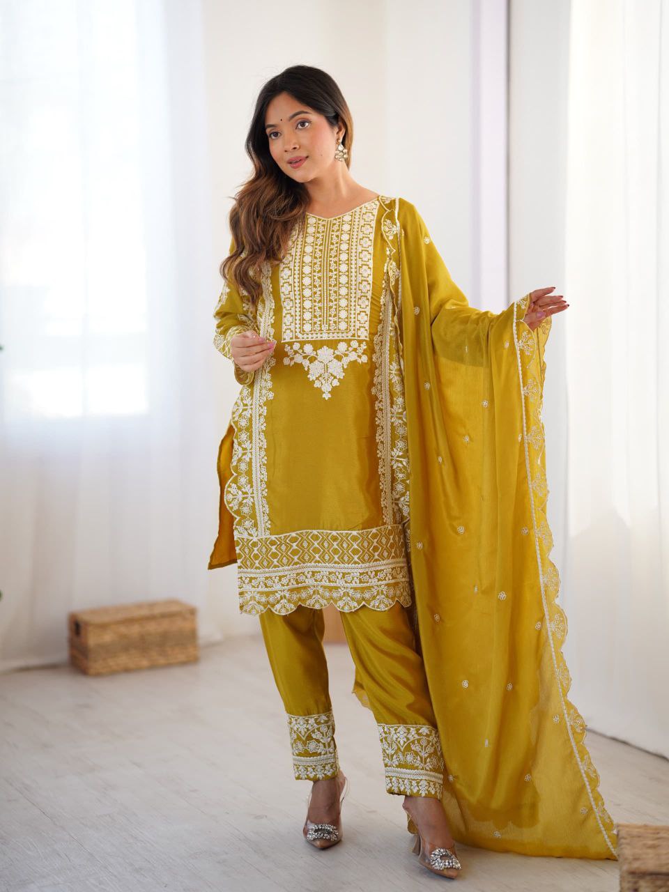 Yellow Chinon Silk Embroidered Salwar Suit Set