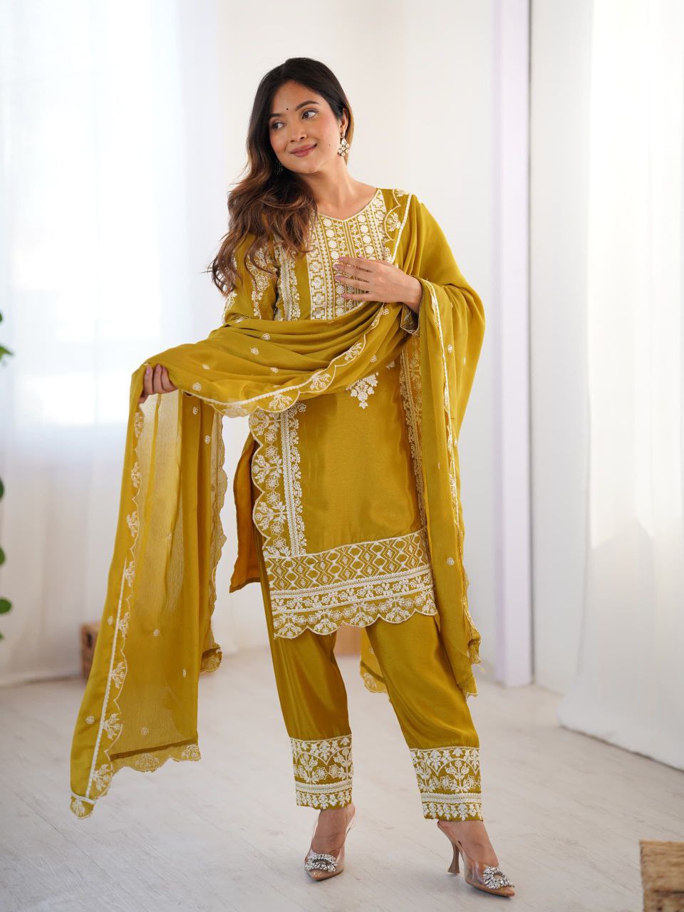 Yellow Chinon Silk Embroidered Salwar Suit Set