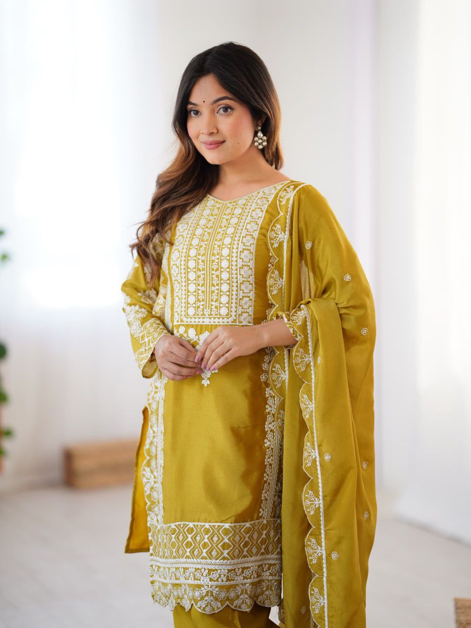 Yellow Chinon Silk Embroidered Salwar Suit Set