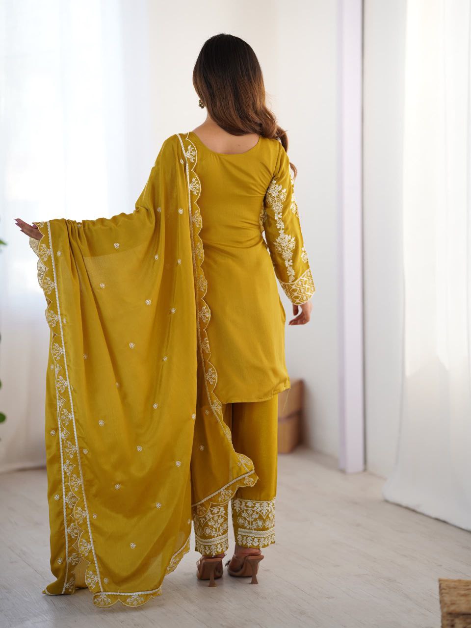 Yellow Chinon Silk Embroidered Salwar Suit Set