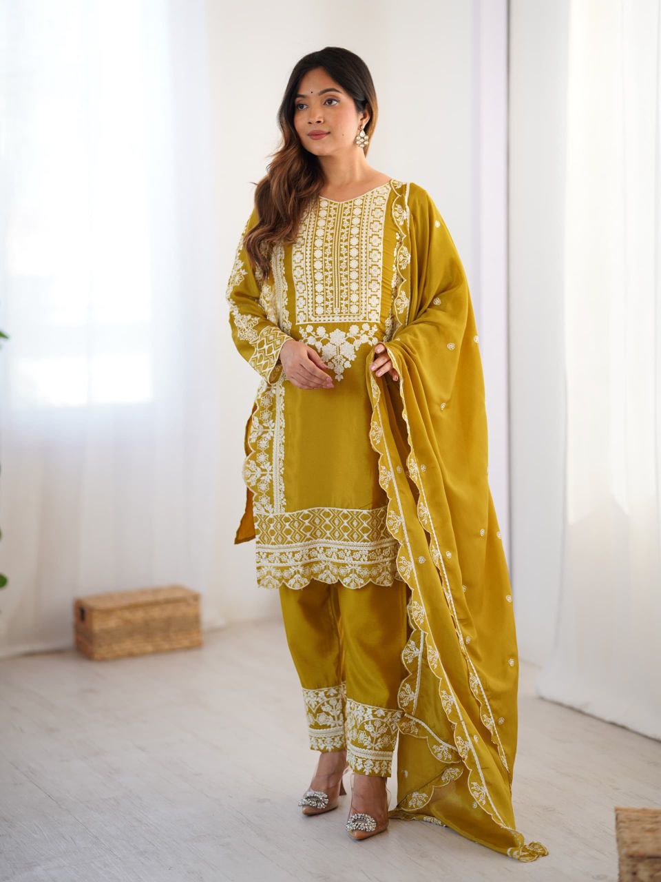 Prazu Fashion Yellow Chinon Silk Embroidered Salwar Suit