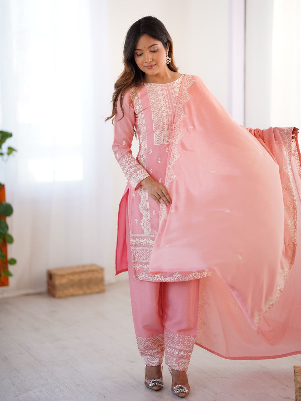 Baby Pink Chinon Silk Embroidered Salwar Suit Set for Girls