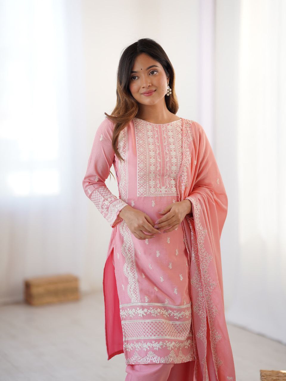 Baby Pink Chinon Silk Embroidered Salwar Suit Set for Girls