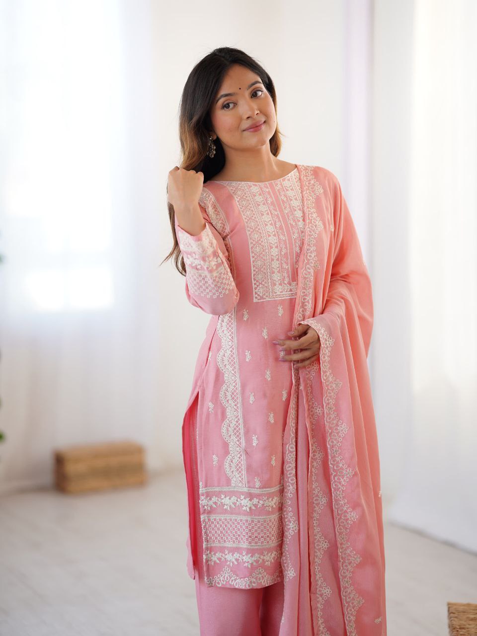 Baby Pink Chinon Silk Embroidered Salwar Suit Set for Girls