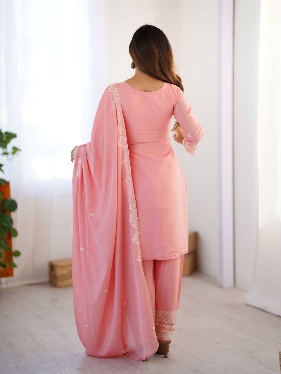 Baby Pink Chinon Silk Embroidered Salwar Suit Set for Girls