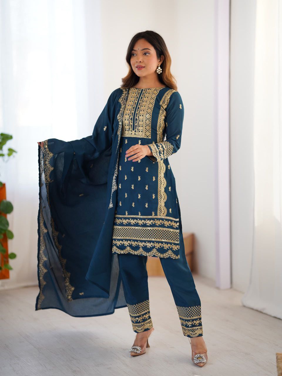 Blue Chinon Silk Embroidered Salwar Suit with Sequins Work