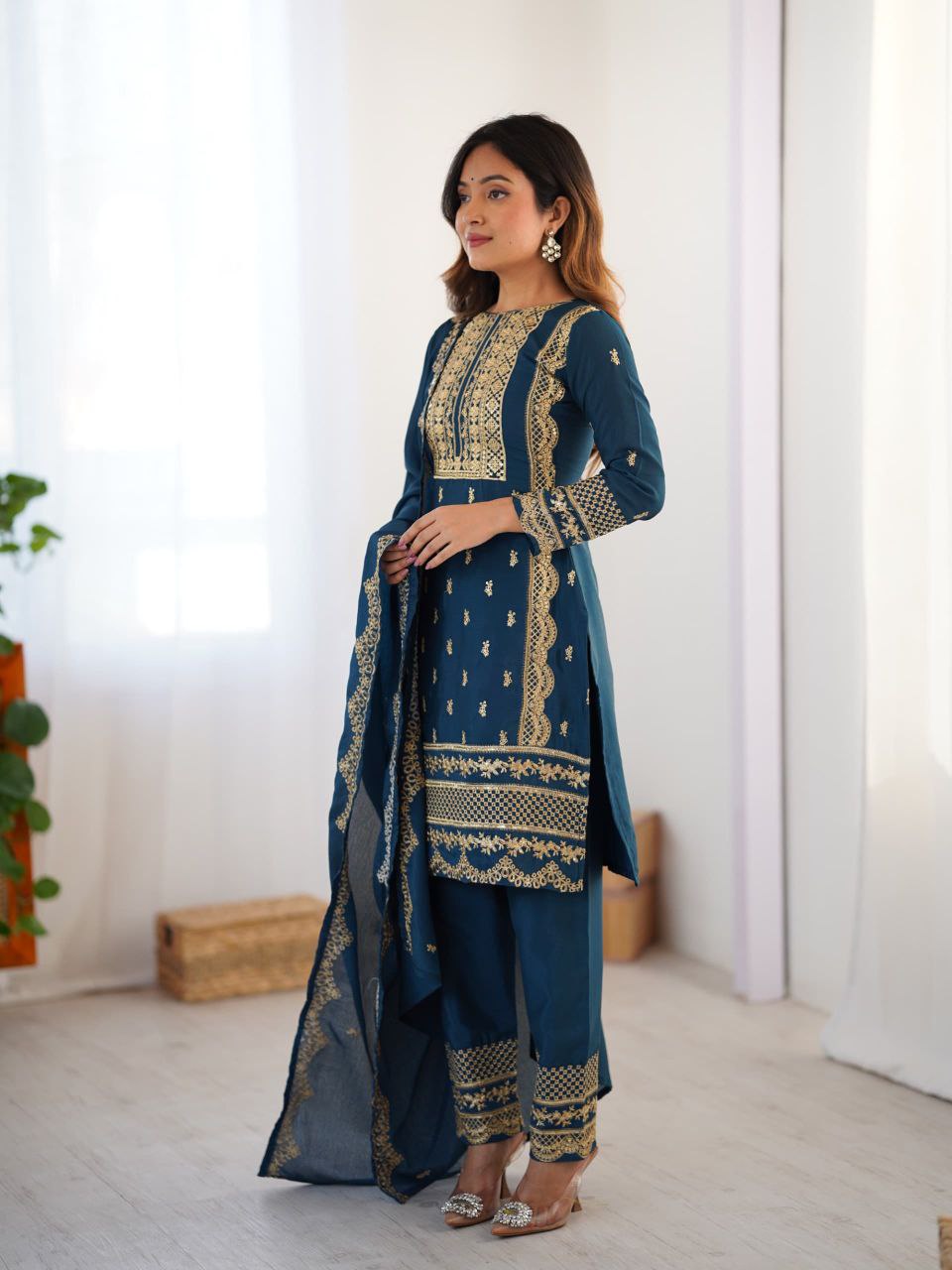 Blue Chinon Silk Embroidered Salwar Suit with Sequins Work