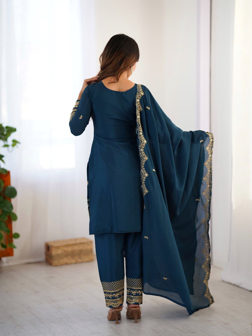 Blue Chinon Silk Embroidered Salwar Suit with Sequins Work
