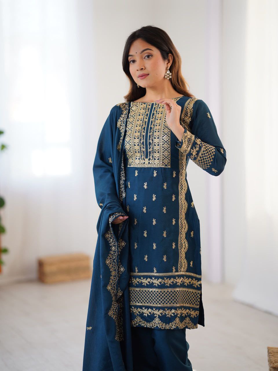 Blue Chinon Silk Embroidered Salwar Suit with Sequins Work