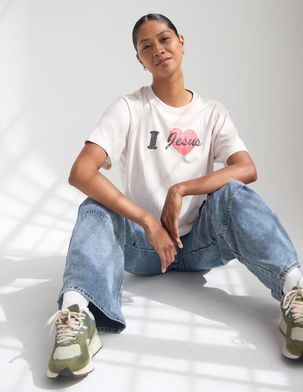 Women's off-white cropped tee with I Love Jesus graphic in red