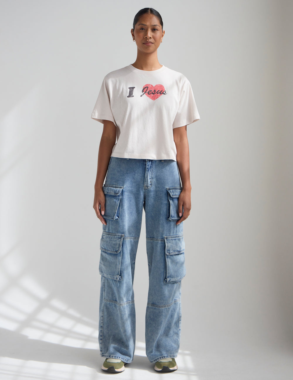 I Love Jesus Cropped Women's Tee - Off-White & Red Graphic Top