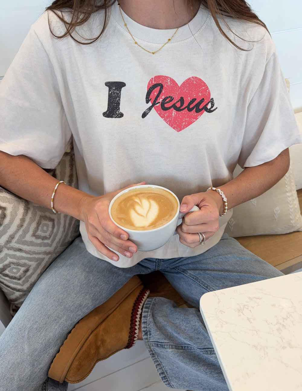 I Love Jesus Cropped Women's Tee - Off-White & Red Graphic Top